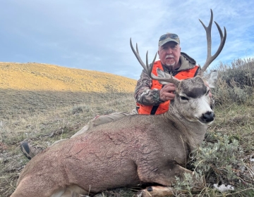 Mule deer hunter posing with his trophy after the hunt
